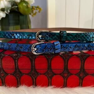 NEW Ann Taylor Leather Crocodile Embossed Thin 0.5” Waist Belt Blue Green XS NWT